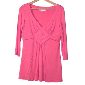 Boston Proper 3/4 Sleeve Ruched V Neck Pink Babydoll Stretch Blouse Top